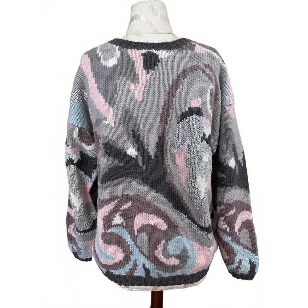 Vintage Carole Little Knit Sweater Wool Angora Gray Pink Blue Abstract Large